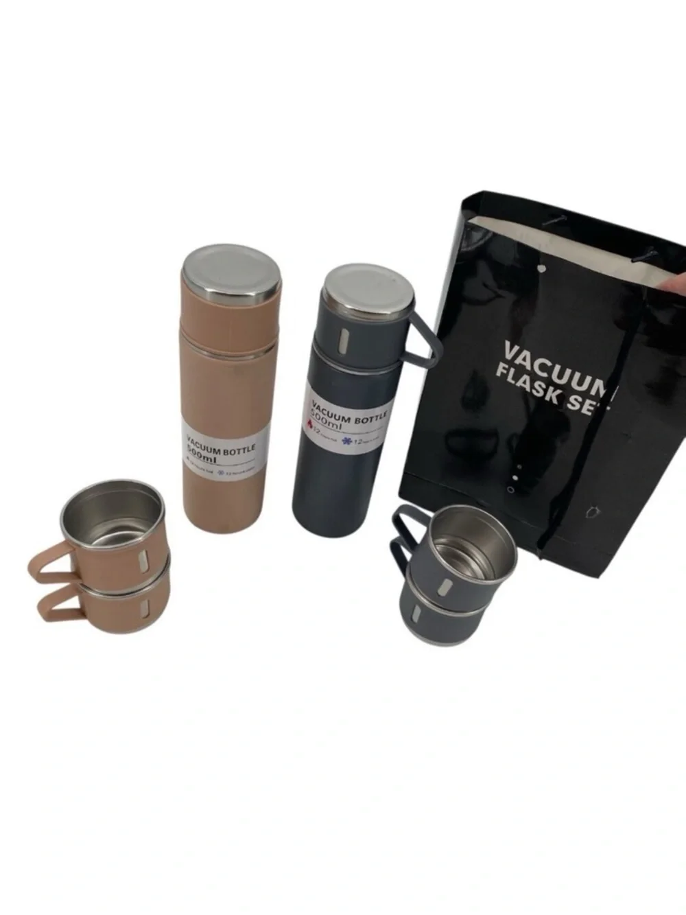 Vacuum Flask (2 Qty) Gift Set 500ML With 4 Extra Cups Pink And Black